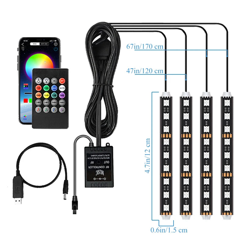 Car LED RGB Atmosphere Strip Light Remote Voice Control Interior Styling Decorative RGB LED Dynamic Ambient Strip Light 12V