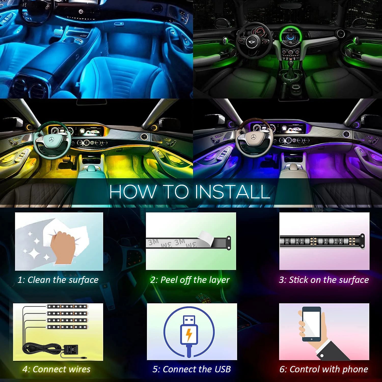 Car LED RGB Atmosphere Strip Light Remote Voice Control Interior Styling Decorative RGB LED Dynamic Ambient Strip Light 12V