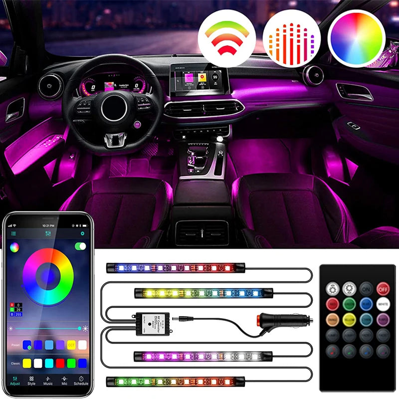 Car LED RGB Atmosphere Strip Light Remote Voice Control Interior Styling Decorative RGB LED Dynamic Ambient Strip Light 12V