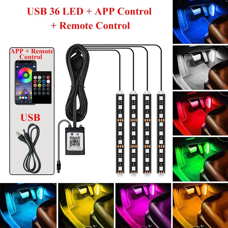 Car LED RGB Atmosphere Strip Light Remote Voice Control Interior Styling Decorative RGB LED Dynamic Ambient Strip Light 12V