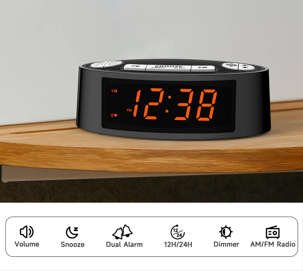 Digital ITOMA AM FM Alarm Clock Radio With Dual Alarm, Sleep Timer & Snooze Functions, Orange LED Display, 4-Level Dimming Option 3301