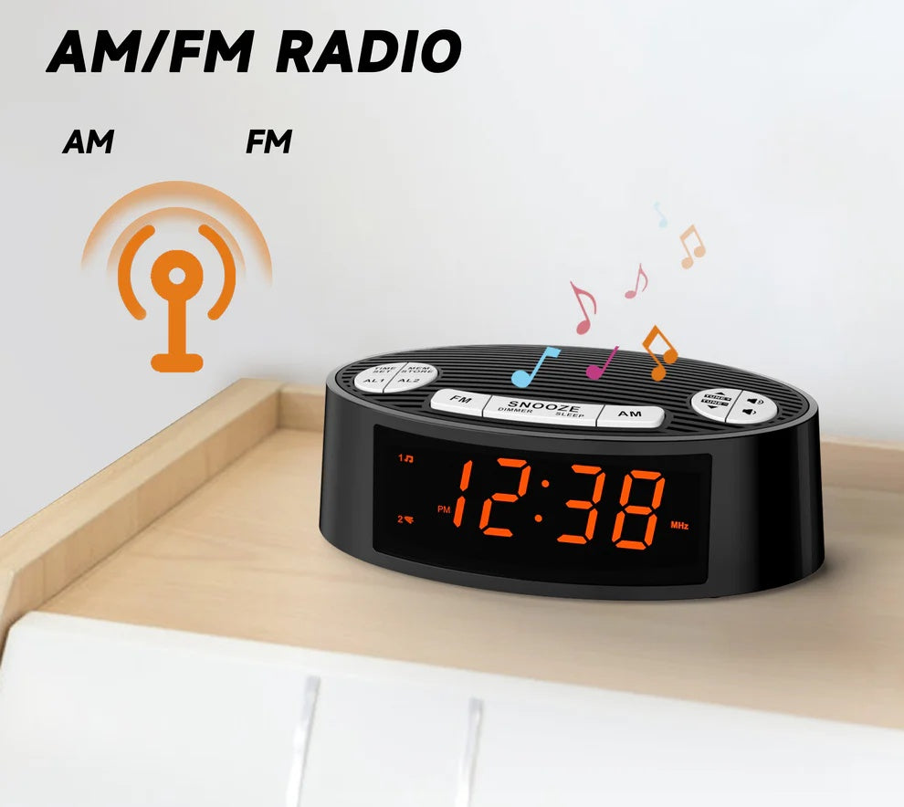 Digital ITOMA AM FM Alarm Clock Radio With Dual Alarm, Sleep Timer & Snooze Functions, Orange LED Display, 4-Level Dimming Option 3301
